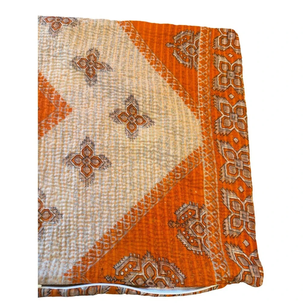 Kantha Pillow Cover Orange Cream Medallion Hand Stitched Boho 12x20